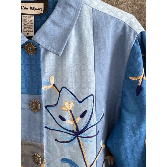 Women Indigo Moon Cotton Silk Embroidered Flower Patchwork Blue Teal Jacket  M - Picture 3 of 15